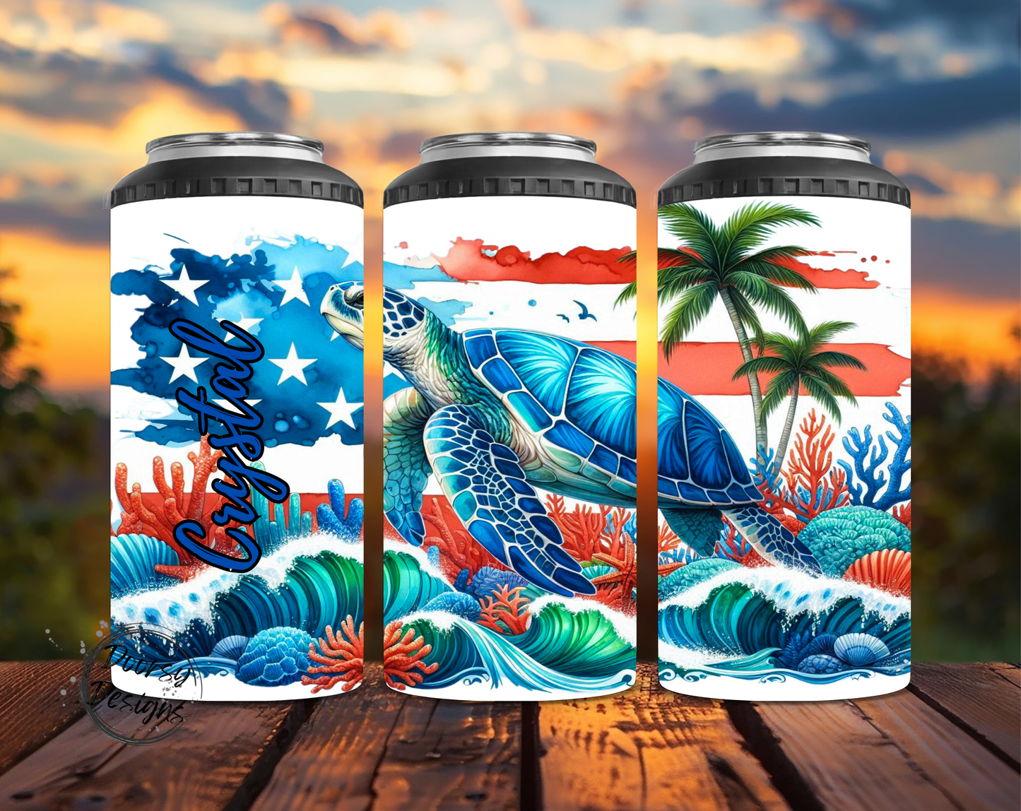 Patriotic Turtle on Beach Can Cooler
