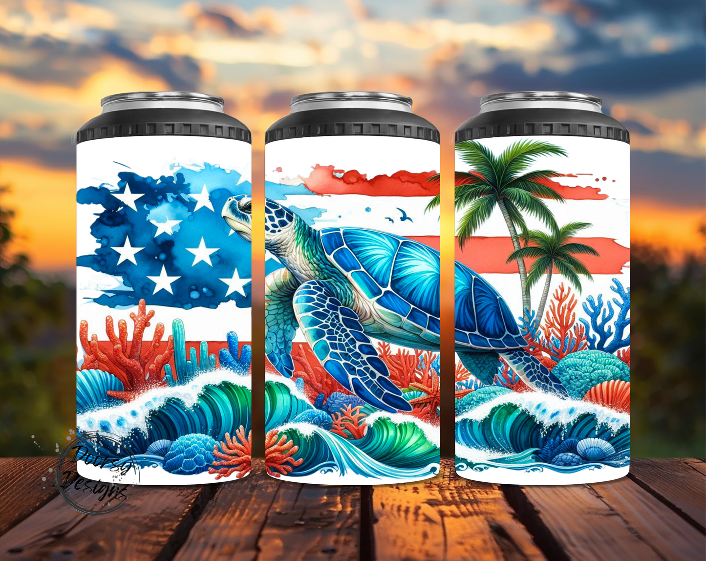 Patriotic Turtle on Beach Can Cooler