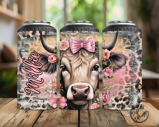 Cow with Bow Leopard Print Can Cooler
