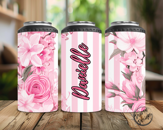 Pink Flowers w Stripes Can Cooler