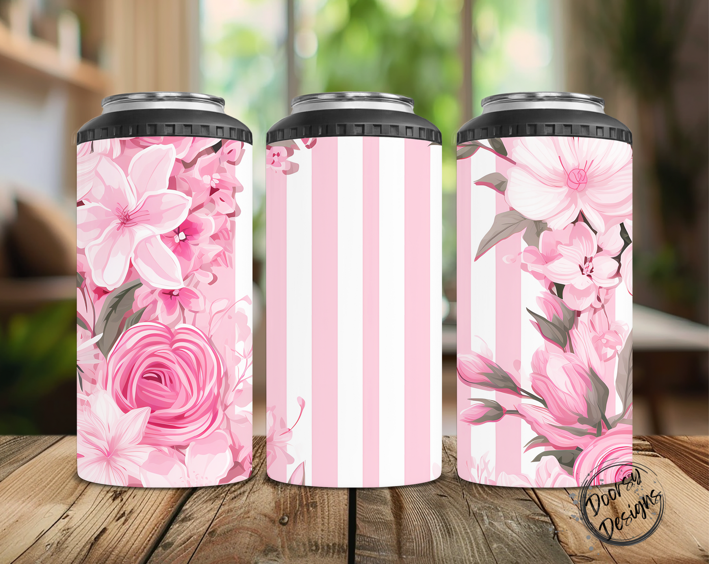 Pink Flowers w Stripes Can Cooler