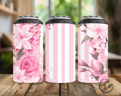 Pink Flowers w Stripes Can Cooler