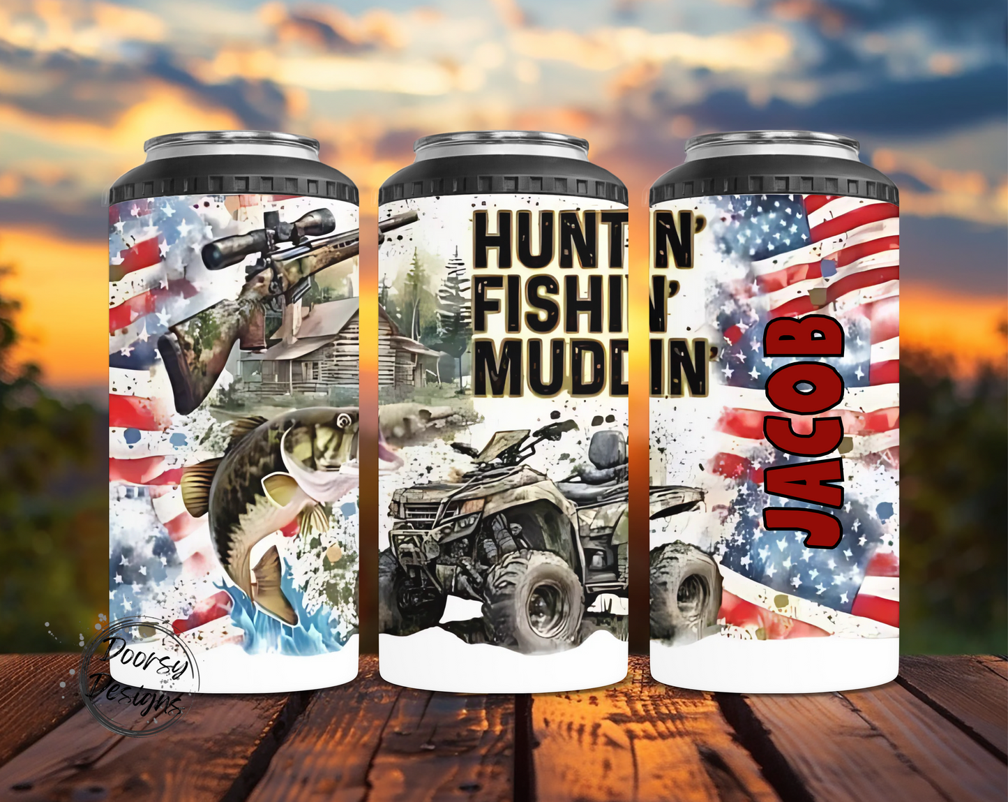 Huntin' Fishin' Muddin' US Flag Can Cooler