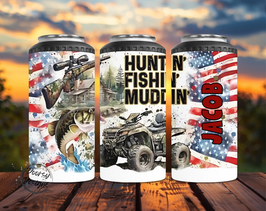 Huntin' Fishin' Muddin' US Flag Can Cooler