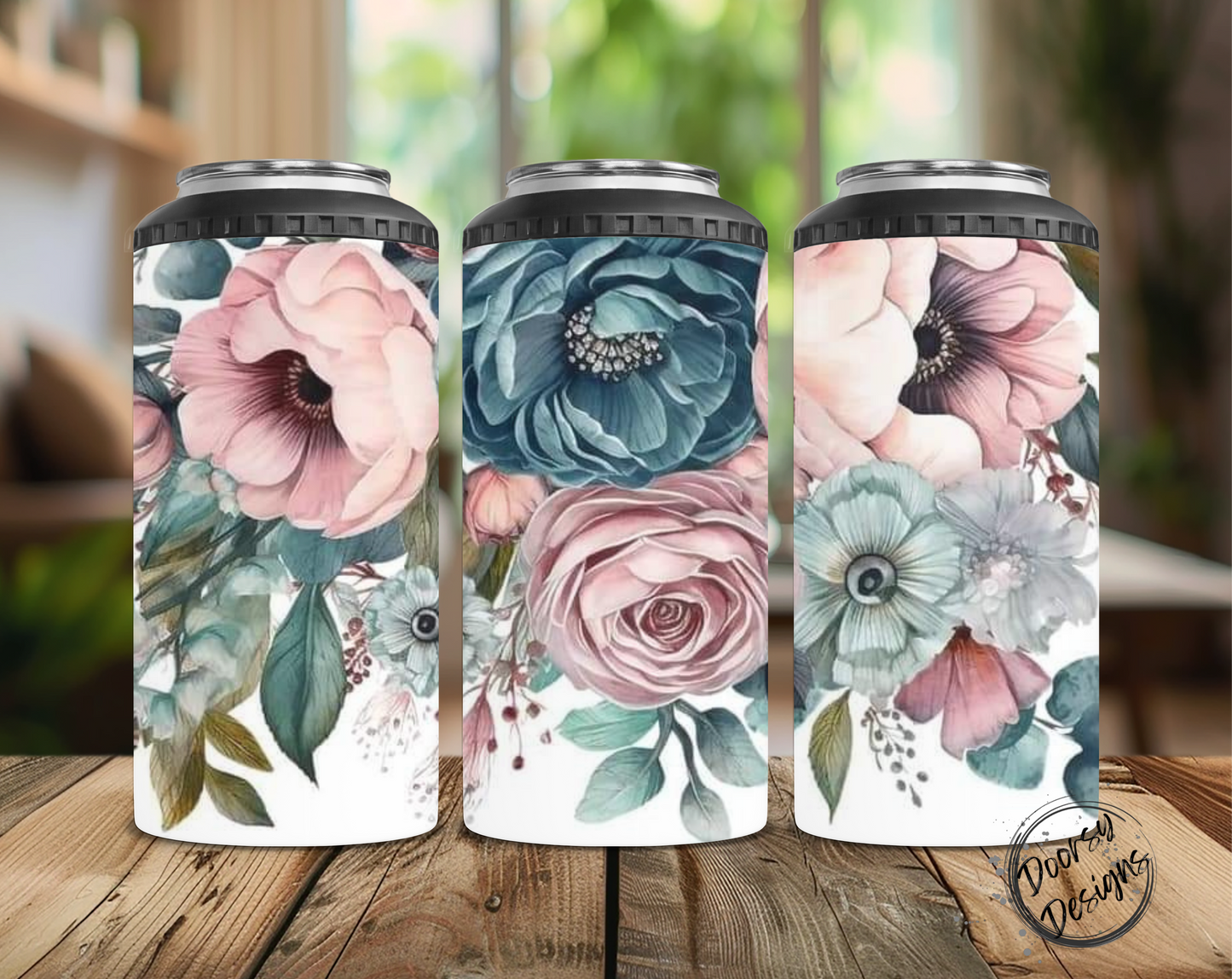 Pink and Blue Floral Can Cooler