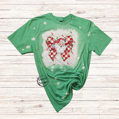 Santa Checkered Bow Bleached Christmas Shirt