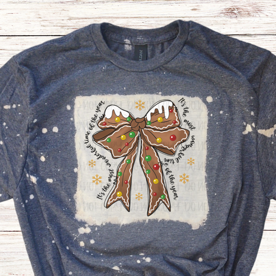 Gingerbread House Bow Bleached Christmas Shirt