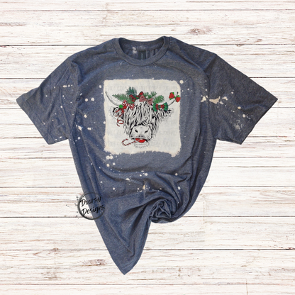 Candy Cane Highlander Christmas Cow Bleached Shirt