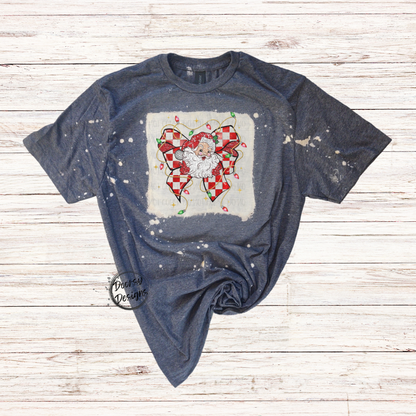 Santa Checkered Bow Bleached Christmas Shirt