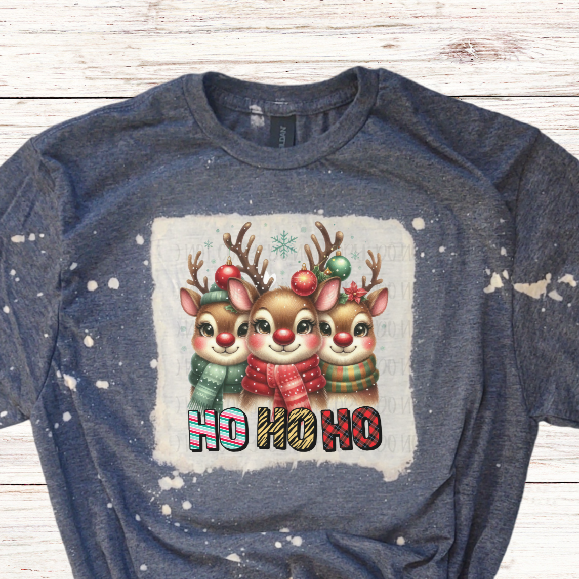 Reindeer Ho Ho Ho Bleached Christmas Shirt