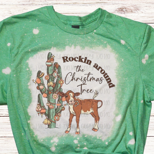 Baby Cow Rockin Around the Christmas Tree Bleached Shirt