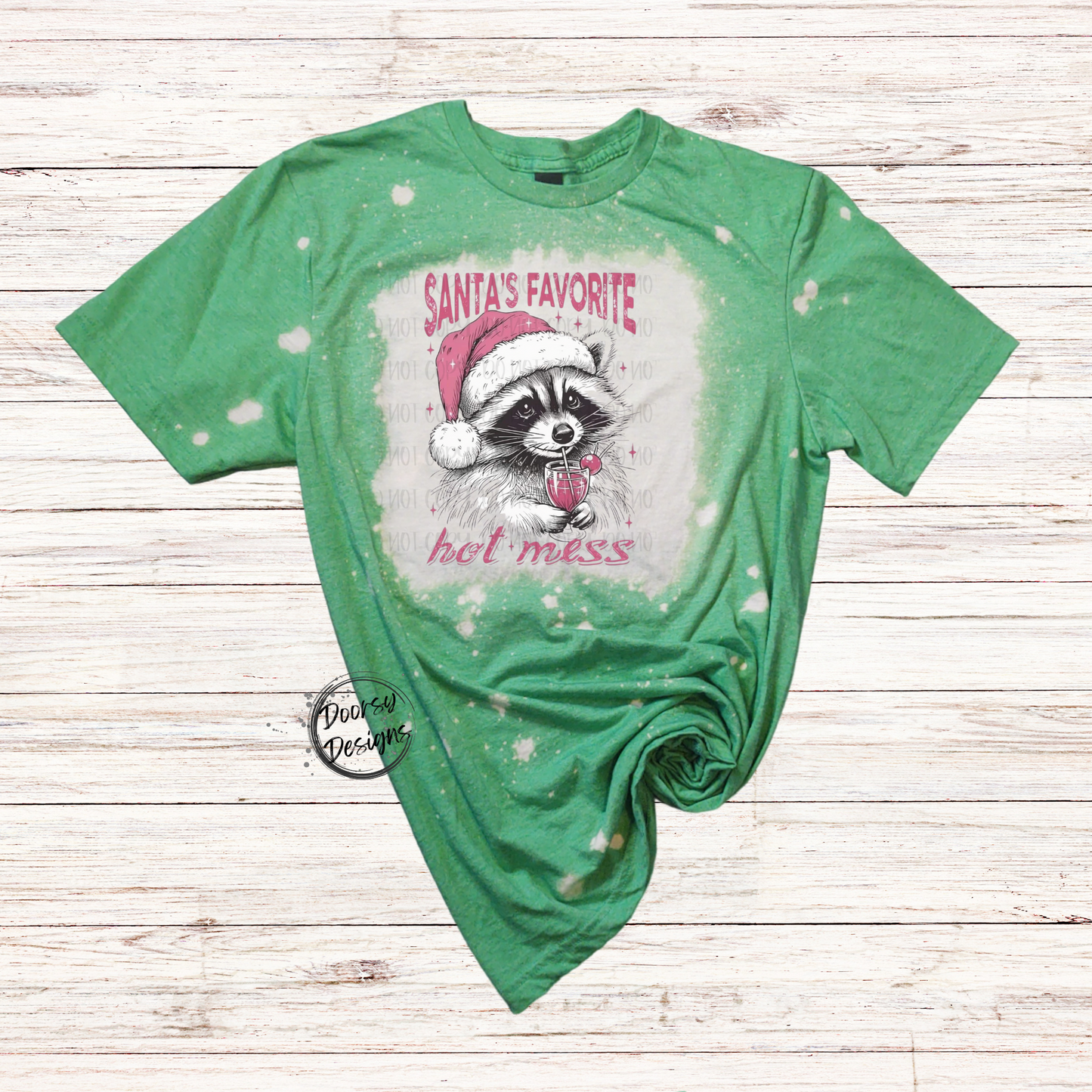 Santa's Favorite Hot Mess Raccoon Bleached Christmas Shirt