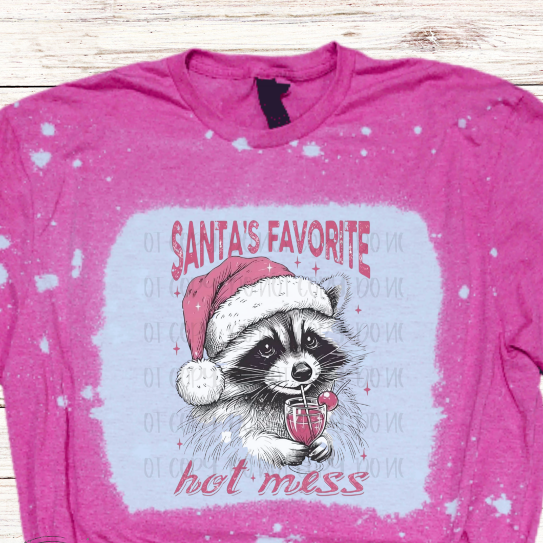 Santa's Favorite Hot Mess Raccoon Bleached Christmas Shirt