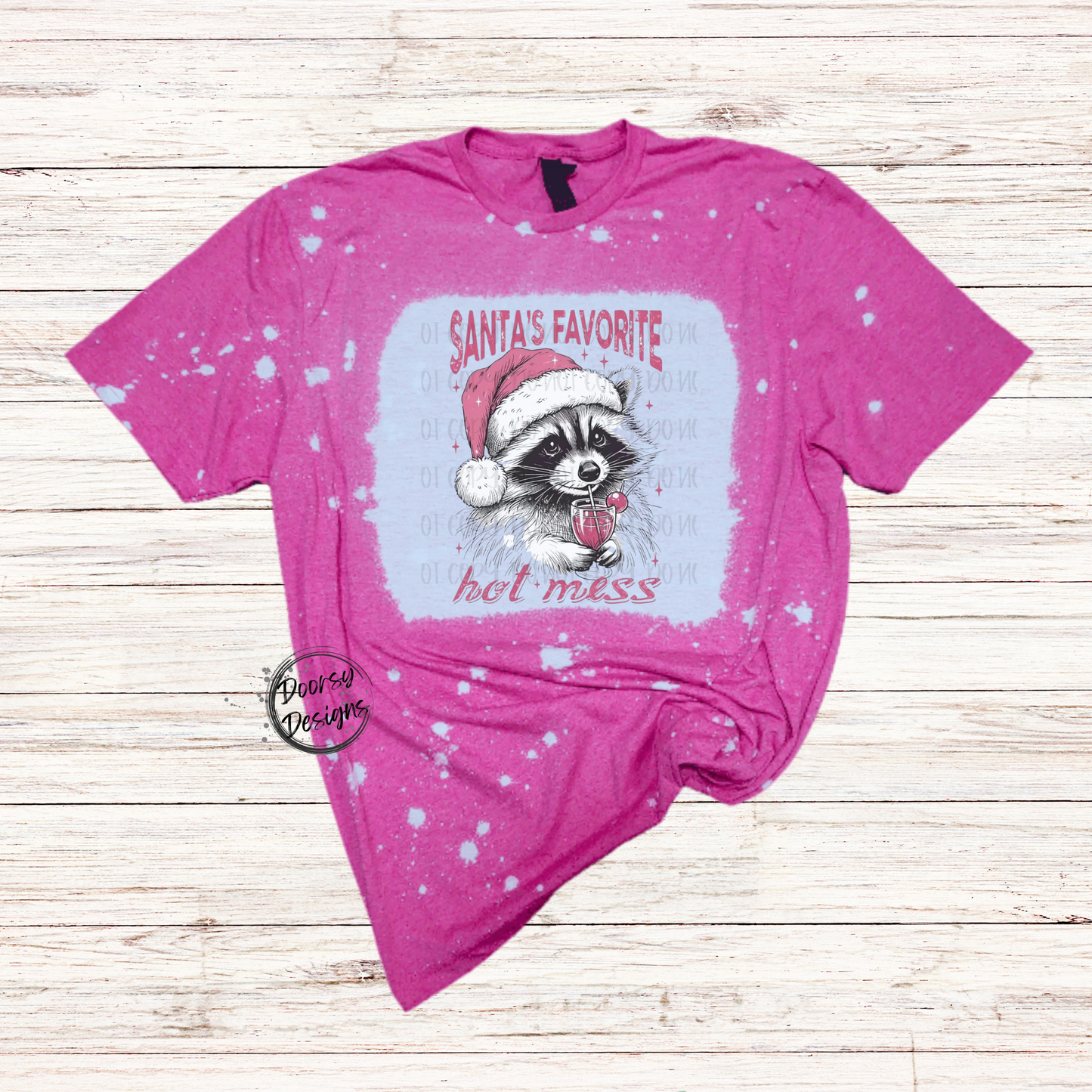 Santa's Favorite Hot Mess Raccoon Bleached Christmas Shirt