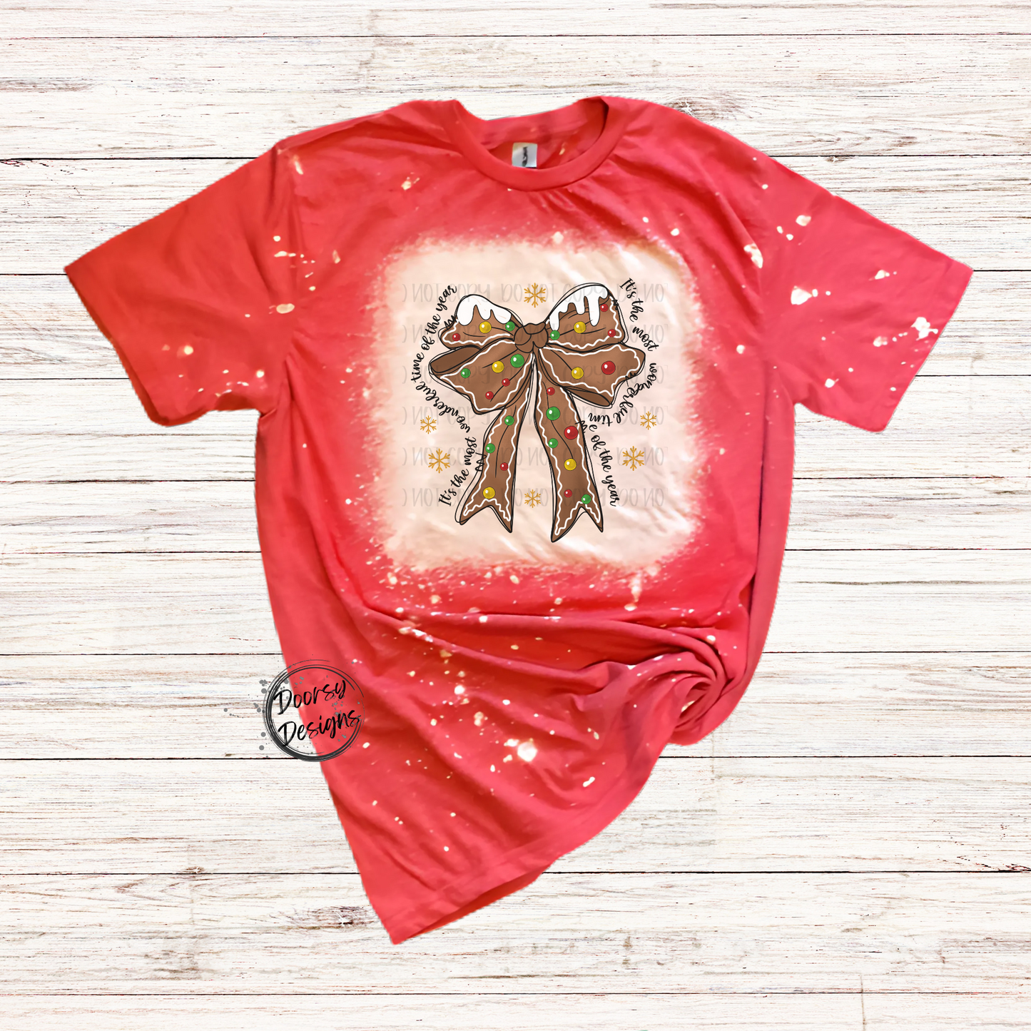 Gingerbread House Bow Bleached Christmas Shirt