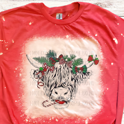 Candy Cane Highlander Christmas Cow Bleached Shirt