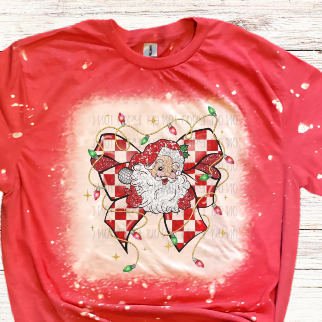 Santa Checkered Bow Bleached Christmas Shirt