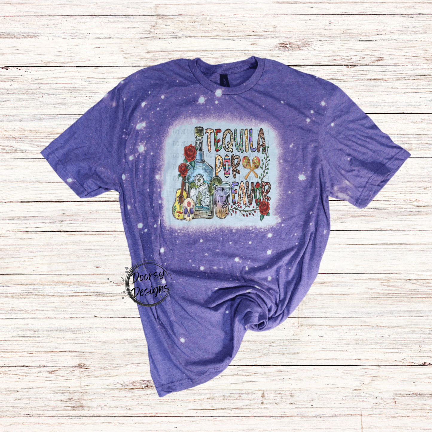 Tequila Por Favor Bleached T-Shirt with Roses