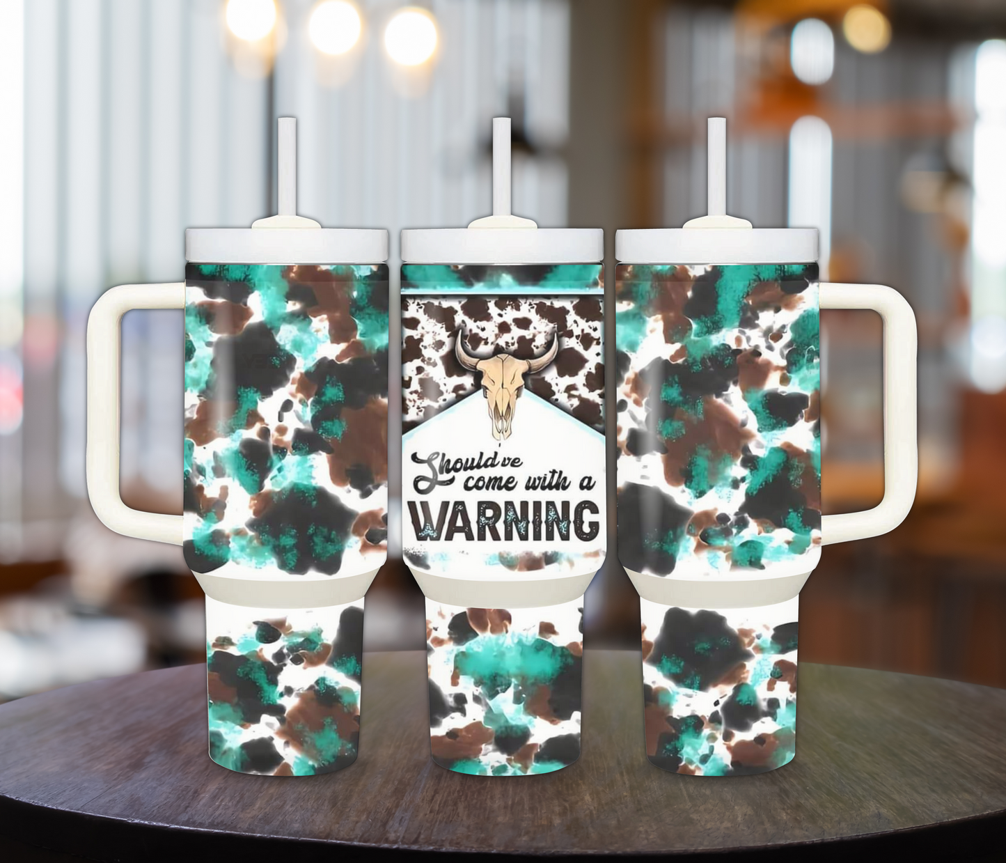 Should've Come with a Warning 40oz Sublimation Tumbler with Turquoise Cow Print