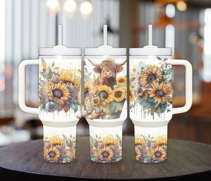 Highlander Cow with Sunflowers 40oz Sublimation Tumbler