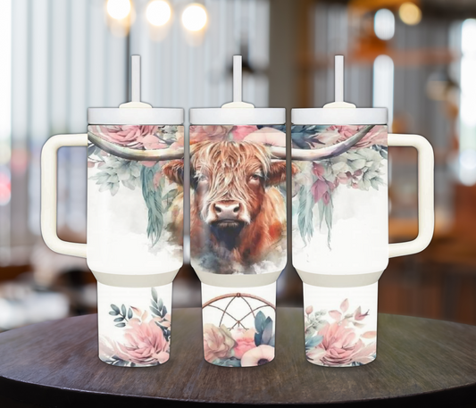 Highlander Cow with Pink Flowers 40oz Sublimation Tumbler