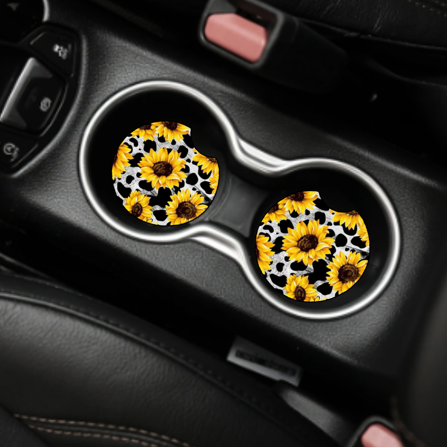 Sunflowers and Cow Print Car Coaster Set of 2