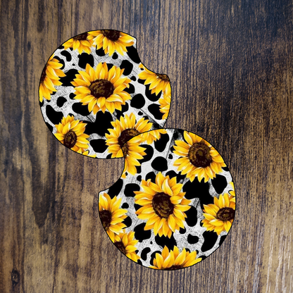 Sunflowers and Cow Print Car Coaster Set of 2