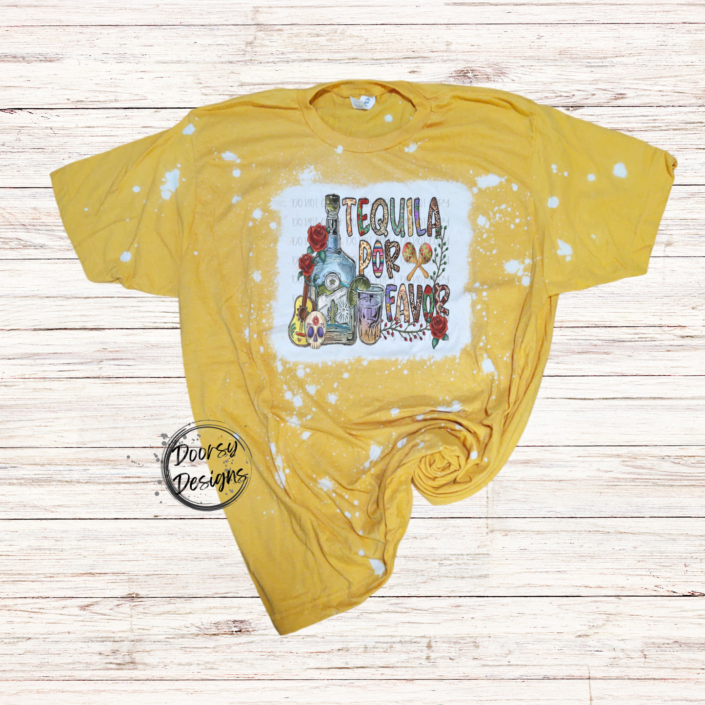 Tequila Por Favor Bleached T-Shirt with Roses