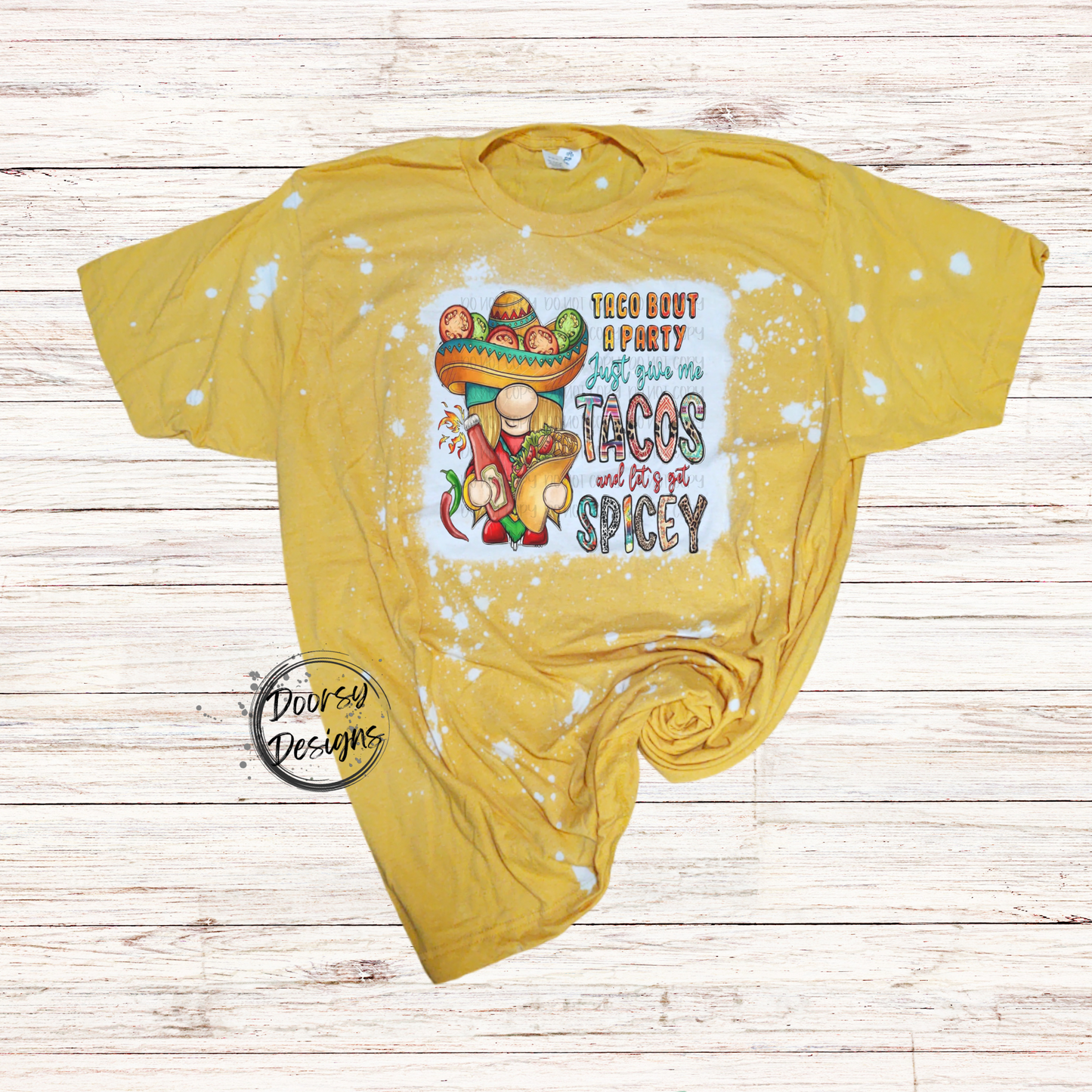 Let's Get Spicy Taco Party Bleached T-Shirt with Gnome