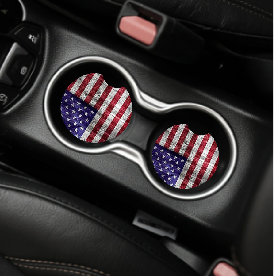 American Flag and Wood Grain Car Coaster Set of 2