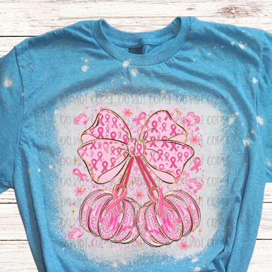 Fall Pumpkins Bow Breast Cancer Bleached Shirt