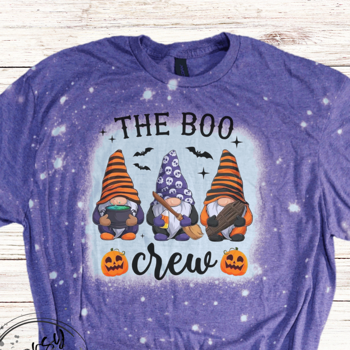 Boo Crew Bleached Halloween Shirt with Gnomes