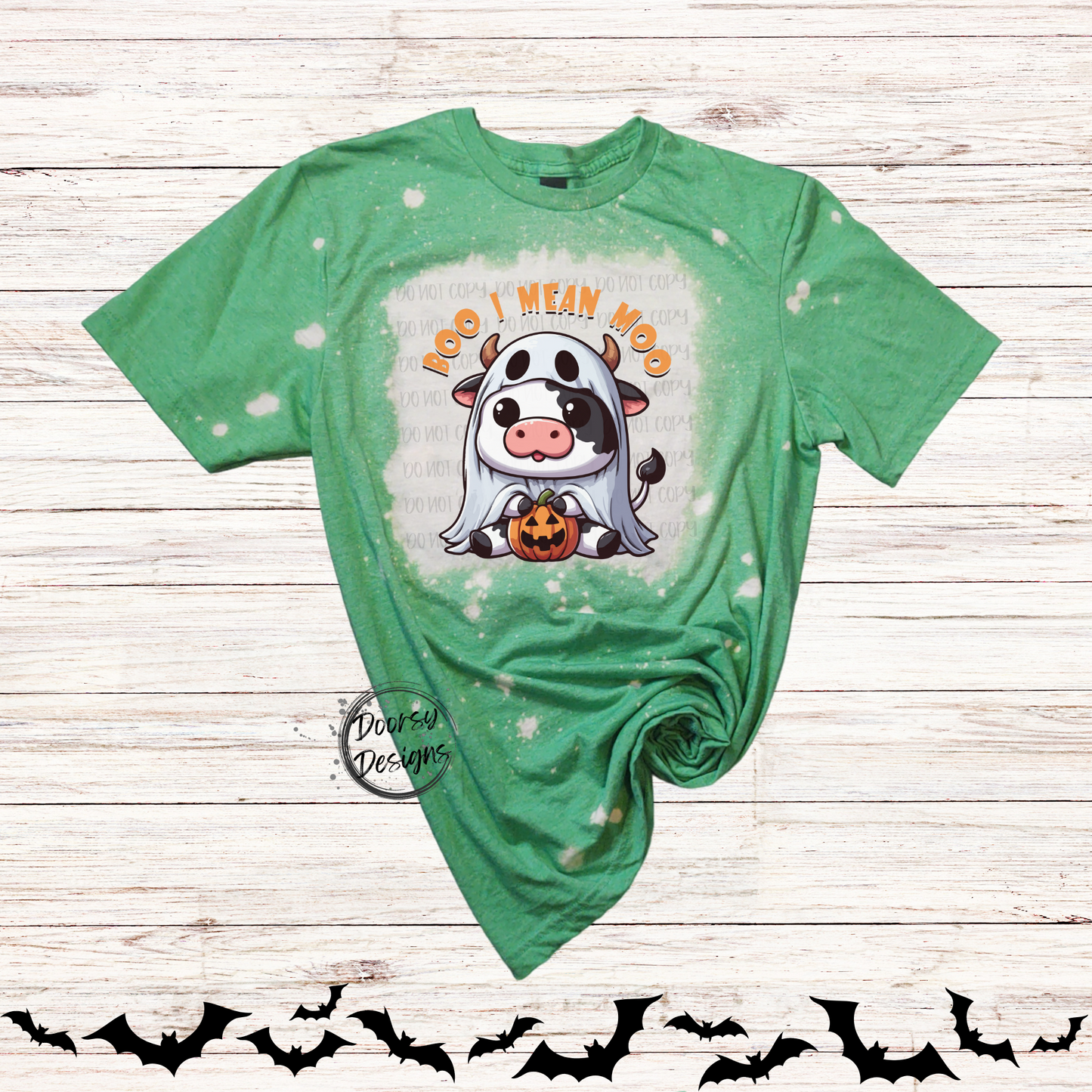 Boo I Mean MOO Bleached Halloween Shirt with Cow in Ghost Costume