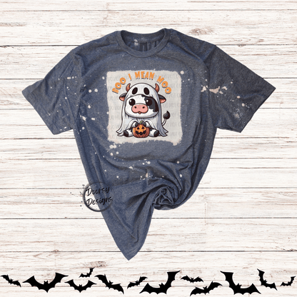 Boo I Mean MOO Bleached Halloween Shirt with Cow in Ghost Costume