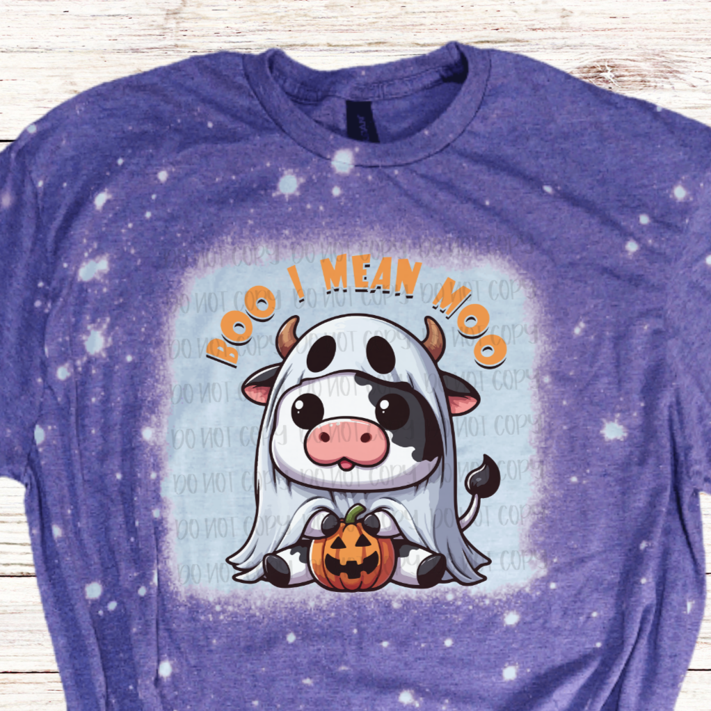 Boo I Mean MOO Bleached Halloween Shirt with Cow in Ghost Costume