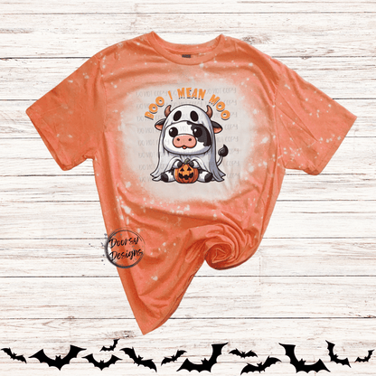 Boo I Mean MOO Bleached Halloween Shirt with Cow in Ghost Costume