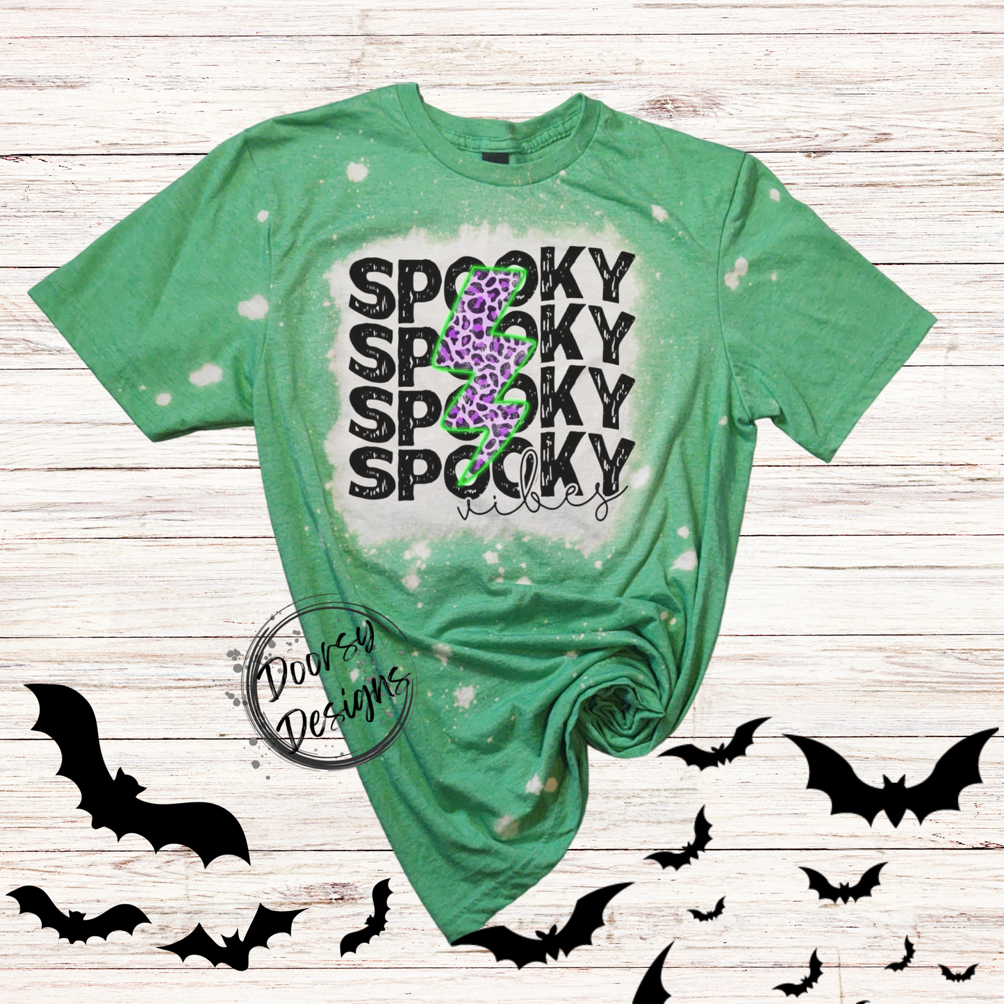 Spooky Vibes Bleached Halloween Shirt with Leopard Print