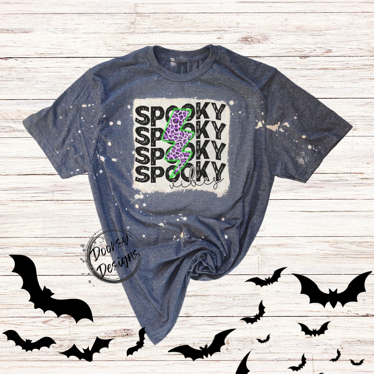 Spooky Vibes Bleached Halloween Shirt with Leopard Print