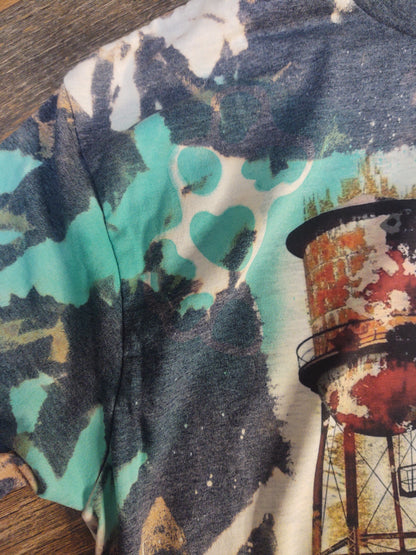 Just a Small Town Girl Bleached Shirt, Cowhide Bleached Shirt with Turquoise Cow Print Stencils