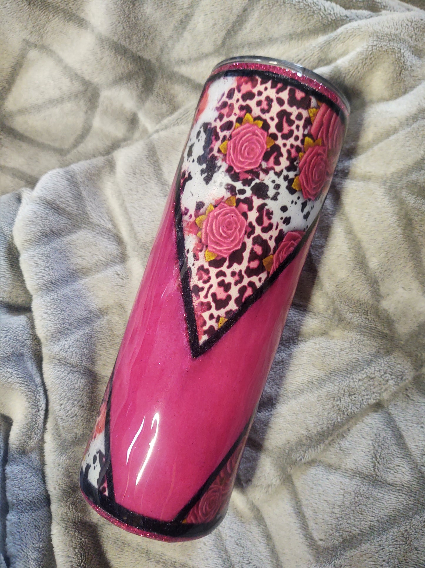 Roses and Cow Print V Shape Cut 20oz Epoxy Tumbler Cup with Fushia and White Glitter