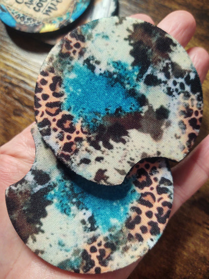 Turquoise Cowhide and Leopard Print Pattern Car Coaster Set of 2