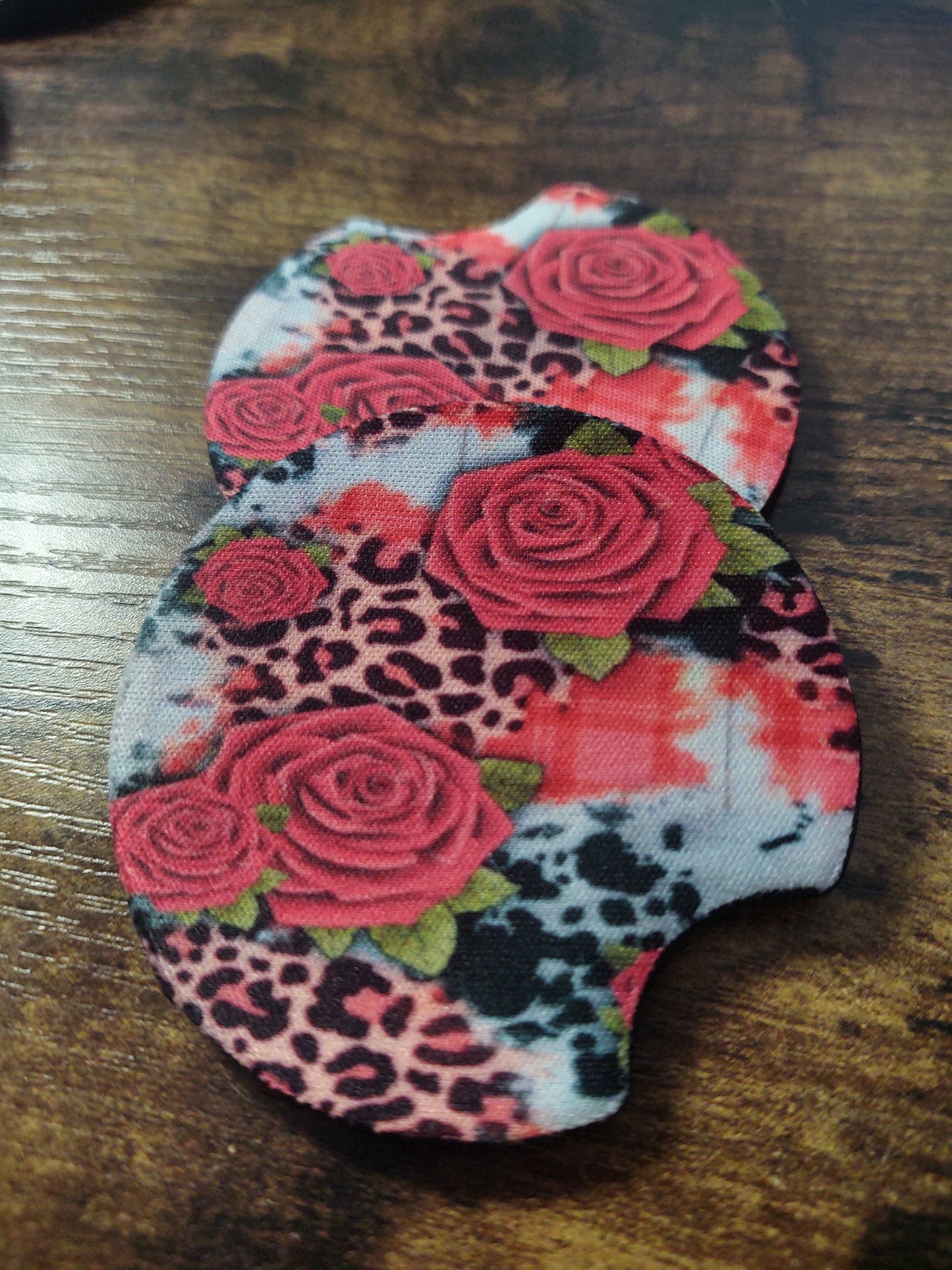 Roses and Pink Leopard Print Cowhide Car Coaster Set of 2