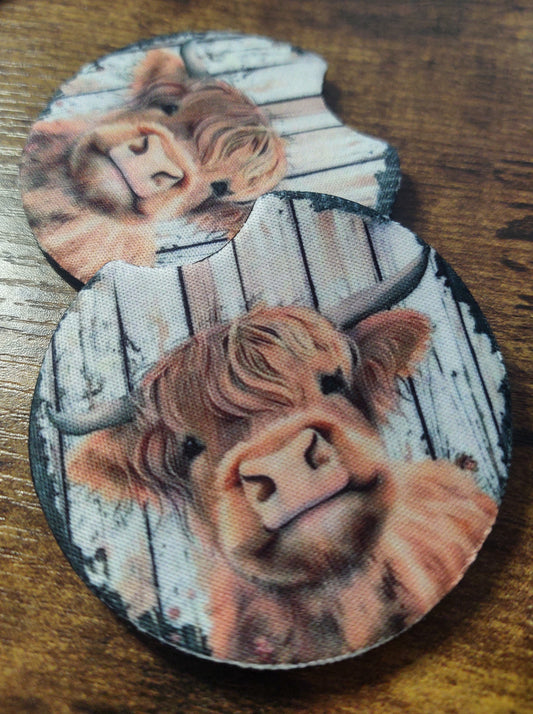 Highland Cow w/Woodgrain Coaster Set of 2