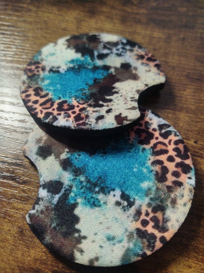 Turquoise Cowhide and Leopard Print Pattern Car Coaster Set of 2