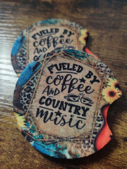 Fueled by Coffee and Country Music Car Coaster Set of 2