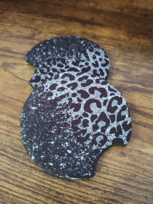 Black and Silver Leopard Print Car Coaster Set of 2