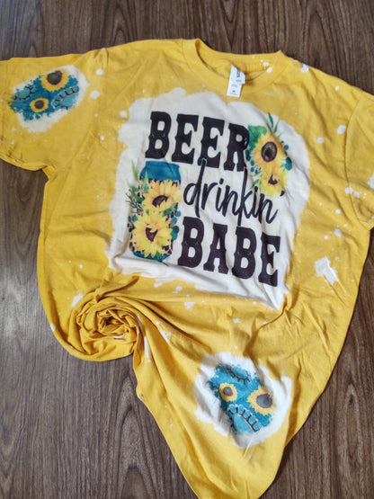 MEDIUM RTS BEER Drinkin' BABE Bleached T-Shirt with Patches