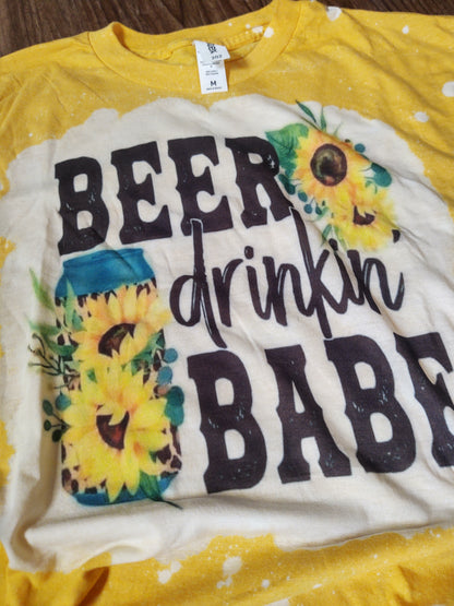 MEDIUM RTS BEER Drinkin' BABE Bleached T-Shirt with Patches