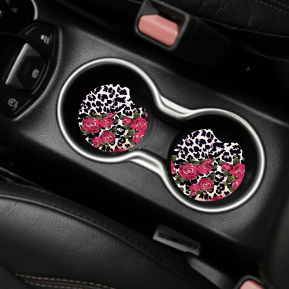 Roses and Pink Leopard Print Cowhide Car Coaster Set of 2