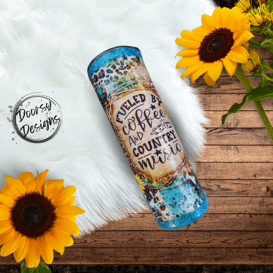 Fueled by Coffee and Country Music Tumbler Cup 20oz Epoxy Cup with Turquoise Glitter